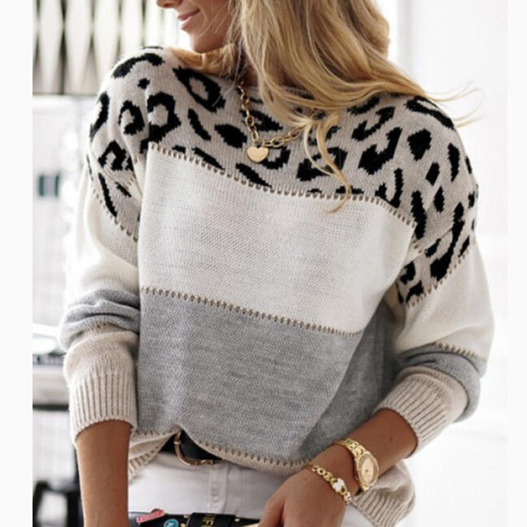 Pull Femme Léopard Bicolore à Col Rond