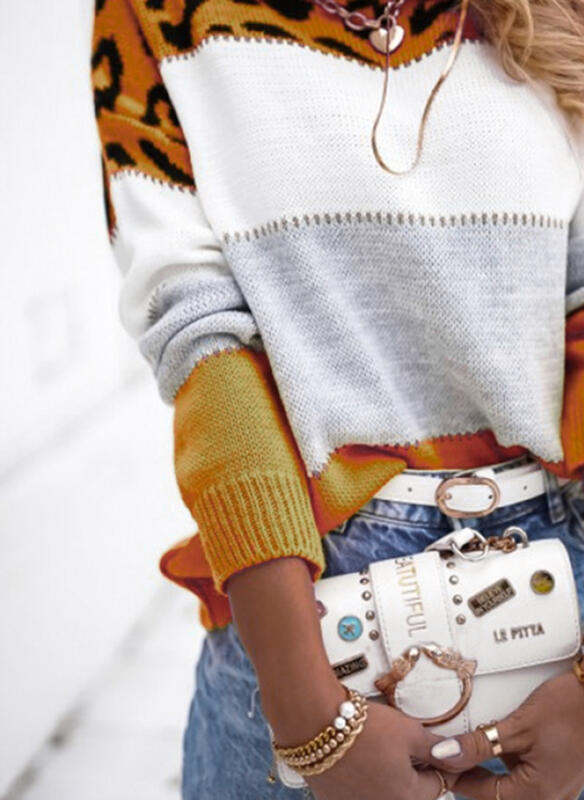 Pull Femme Léopard Bicolore à Col Rond