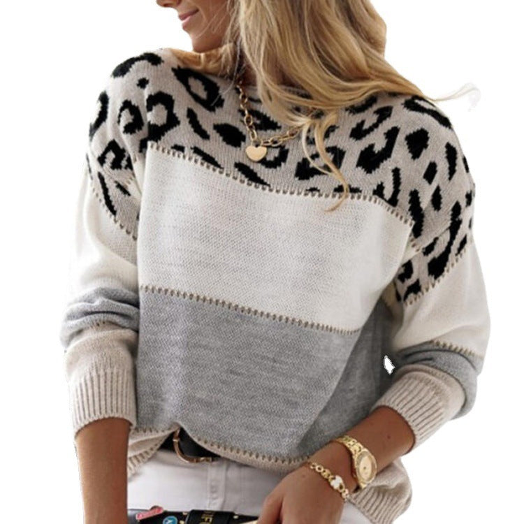 Pull Femme Léopard Bicolore à Col Rond