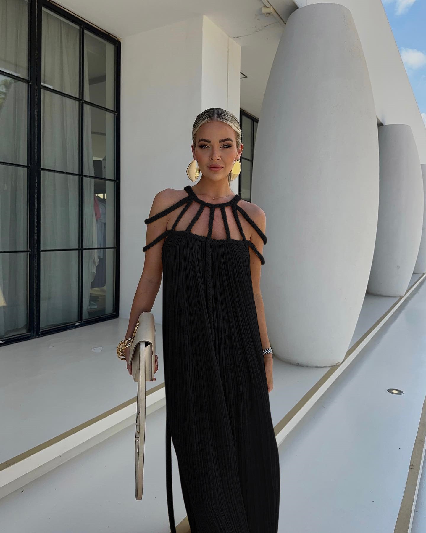 Kesperi –Robe Maxi Drapée en Lin Mélangé avec Bretelles