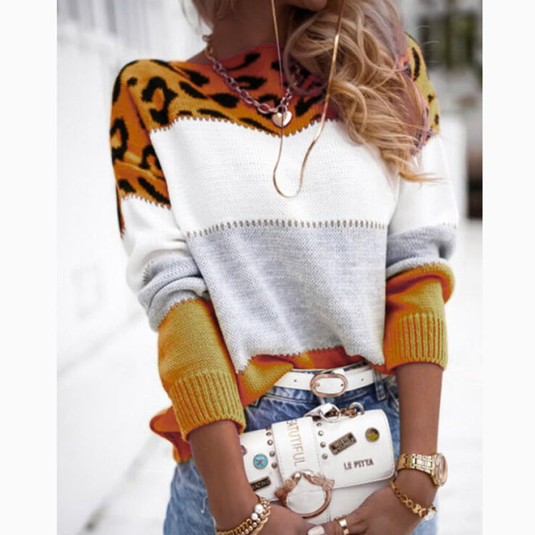 Pull Femme Léopard Bicolore à Col Rond