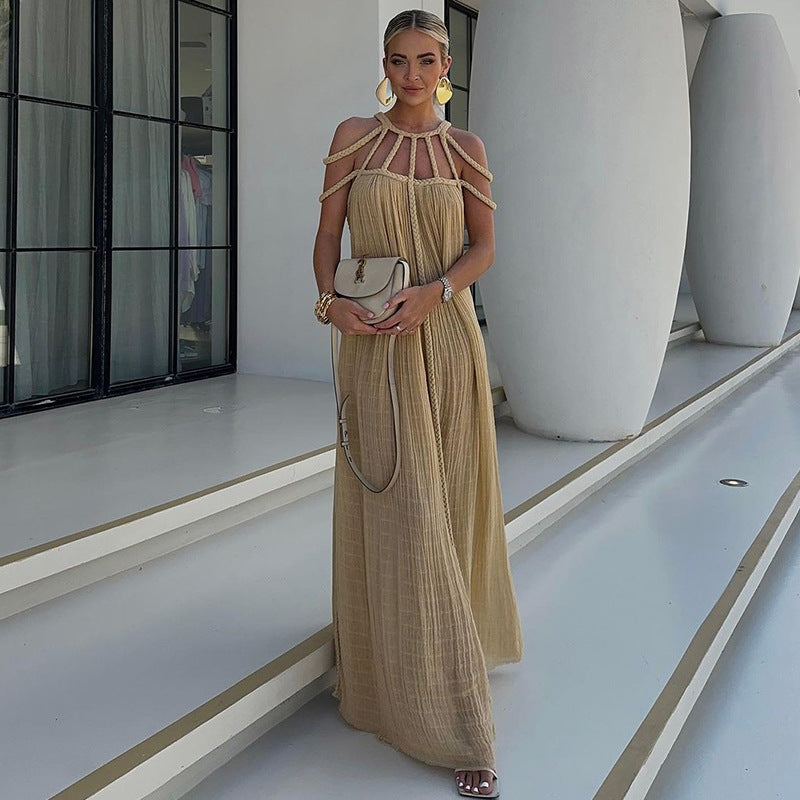 Kesperi –Robe Maxi Drapée en Lin Mélangé avec Bretelles