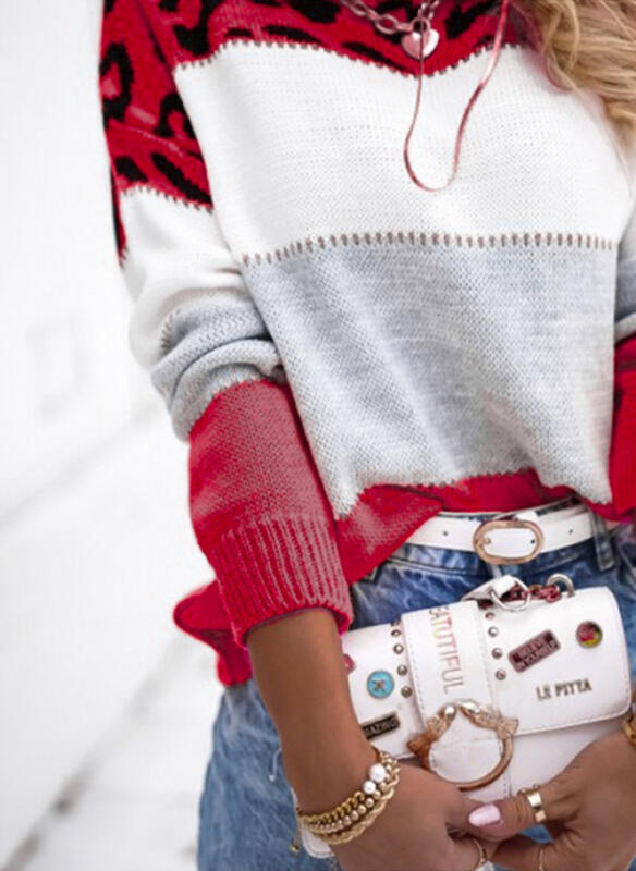 Pull Femme Léopard Bicolore à Col Rond