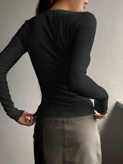 Haut femme à demi-boutonnage, manches longues côtelées