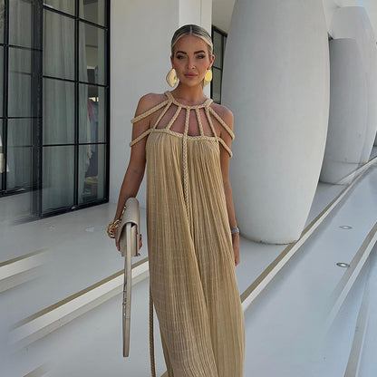Kesperi –Robe Maxi Drapée en Lin Mélangé avec Bretelles