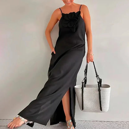 Kesperi –Robe longue fendue avec poches et Motif Floral 3D