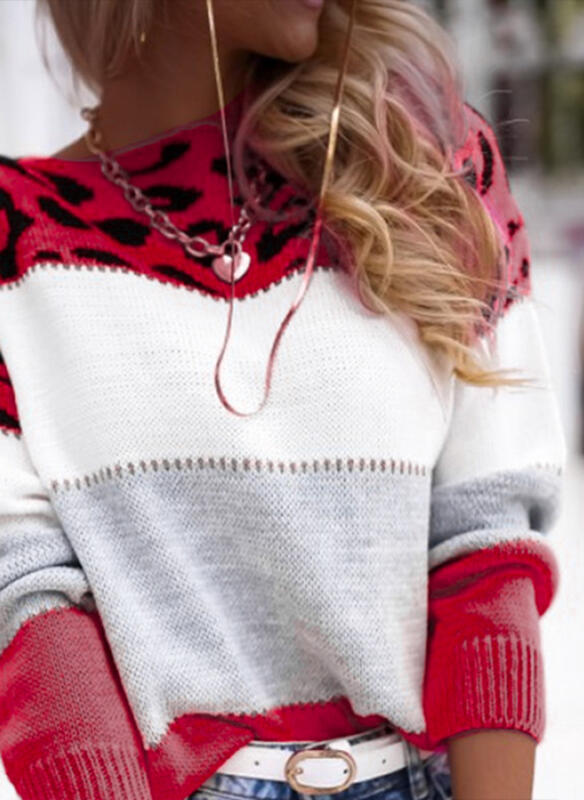 Pull Femme Léopard Bicolore à Col Rond