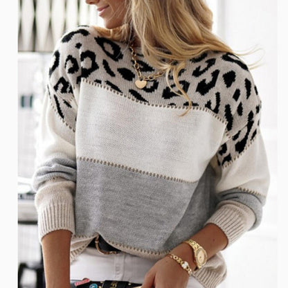 Pull Femme Léopard Bicolore à Col Rond