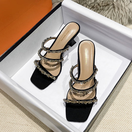 Sandales à Talon Épais avec Strass et Pierres