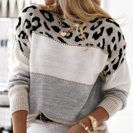 Pull Femme Léopard Bicolore à Col Rond