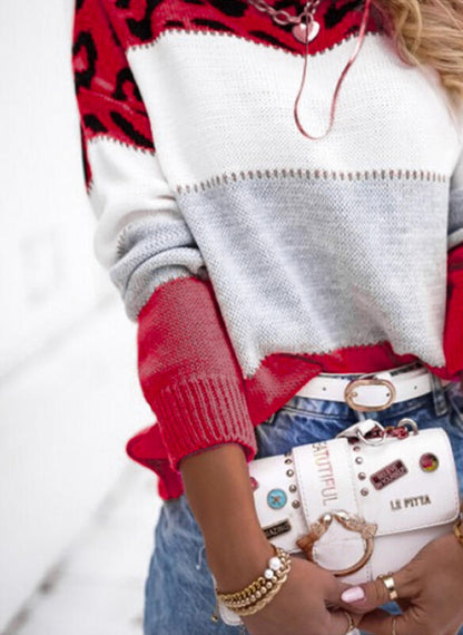 Pull Femme Léopard Bicolore à Col Rond